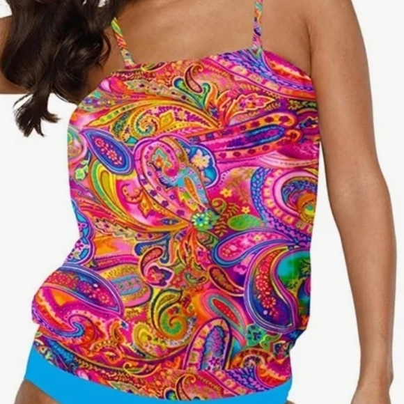 Chenghe Bandeau Blouson Tankini Top High Waisted Bottom Paisley Print Set Size M - Picture 3 of 13